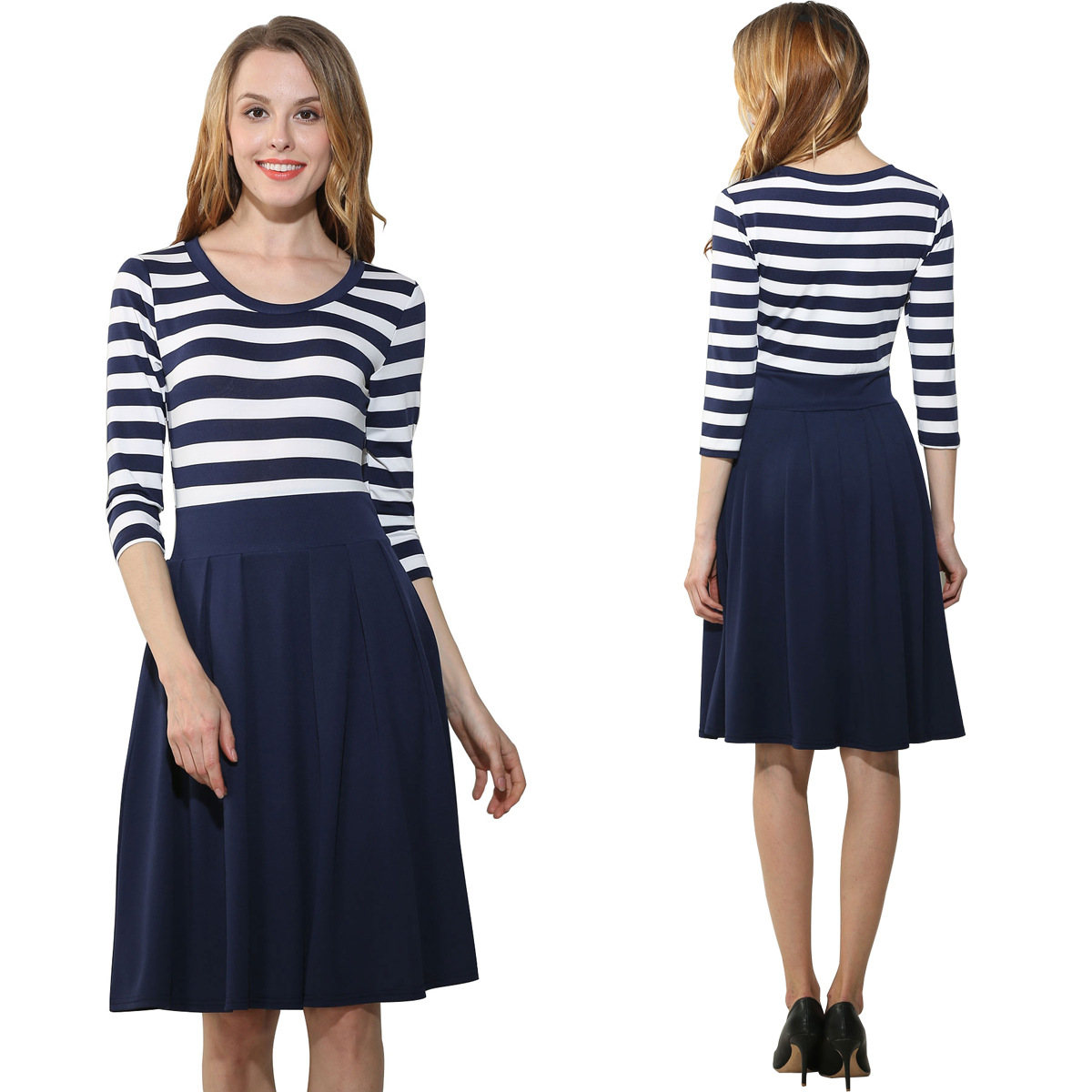 SZ60006 Women Stripes Long Sleeve Vintage Dress